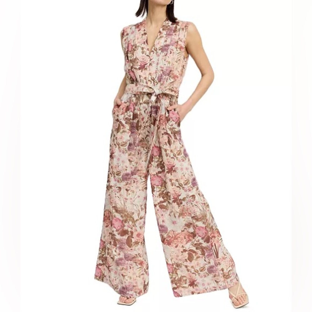 EN SAISON Amoret floral Jumpsuit Small pink Sleeveless Vneck Wide Leg Belted